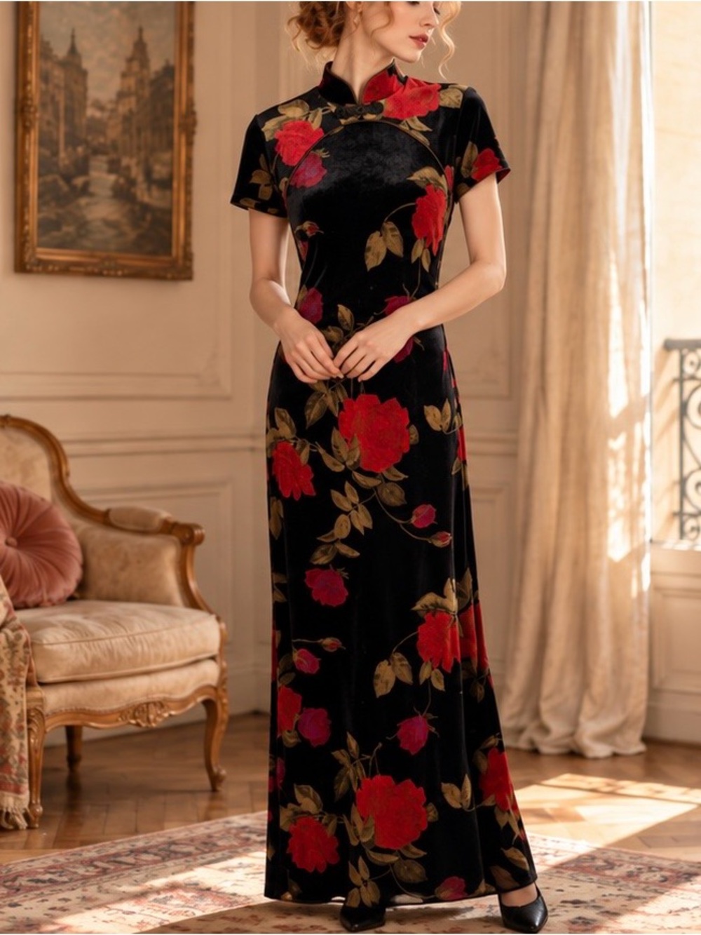 Vintage Y2K 90s Velvet Dress Black Red Rose Floral Maxi Size 4